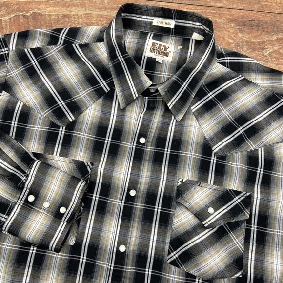 Ely Cattleman Tall Man Men's Black Brown Plaid 2XLT L/S Pearl Snap Rodeo Western - Picture 1 of 12